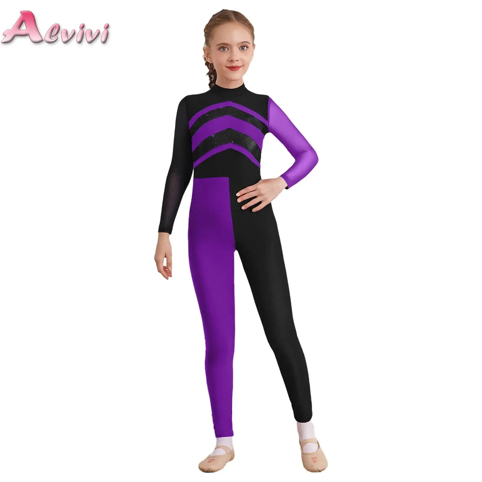 

Shiny Sequins Color Block Jumpsuit Kids Girls Ballet Jersey Dance Leoatrds Dancewear Rhythmic Gymnastics Performance Bodysuit