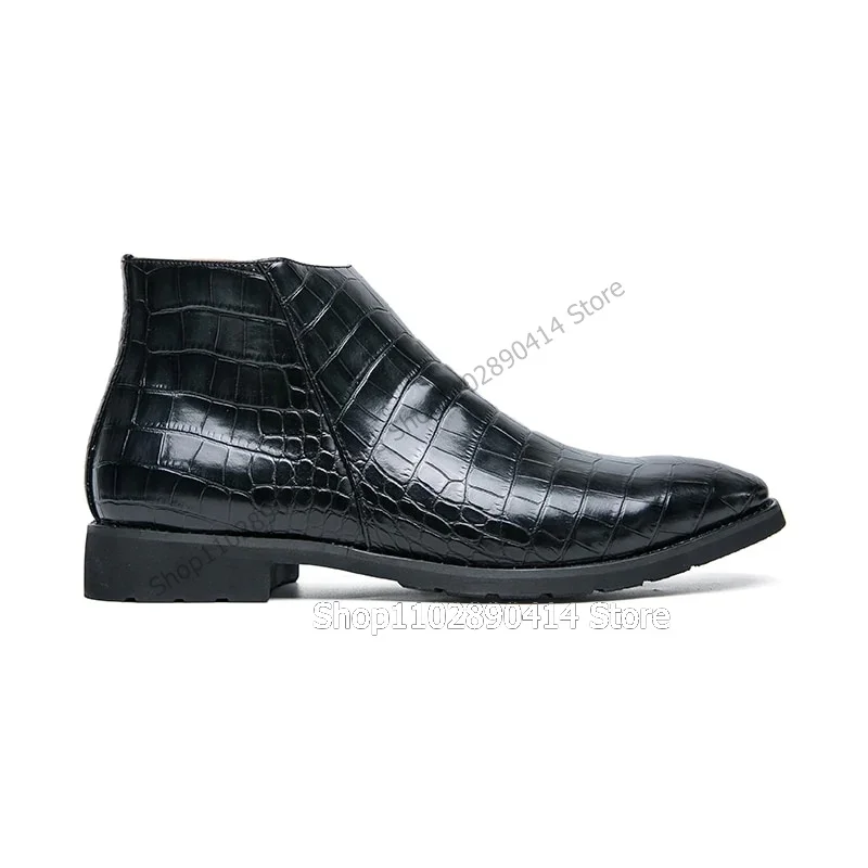 Black Brown Crocodile Print Square Toe Ankle Boots Fashion Side Zipper Men Boots Luxurious Handmade Party Office Men Dress Shoes