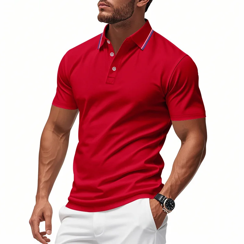 Men's Contrast Trim Collar Polo Shirt Short Sleeve 3‑Button Placket Solid Business Casual Summer Tops