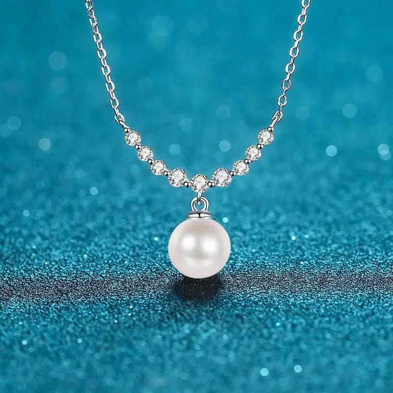 S925 Pure Silver Collarbone Chain 8mm Flawless Freshwater Pearl Smiling Face Moissanite Necklace