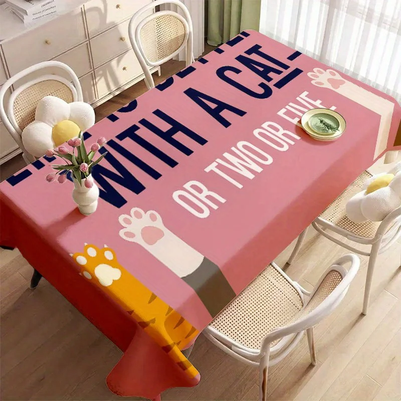 Lovely Pet Kitty Tablecloth, Funny Cat Paw & Inspirational Words Pattern Waterproof Table Cover for Cat Cafe Casual Table Decor