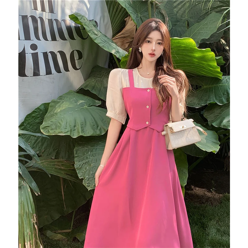 MEXZT Sweet Elegant Dress Women Patchwork Puff Short Sleeve A Line Midi Dress Korean Summer Empire Slim All Match Vestidos New