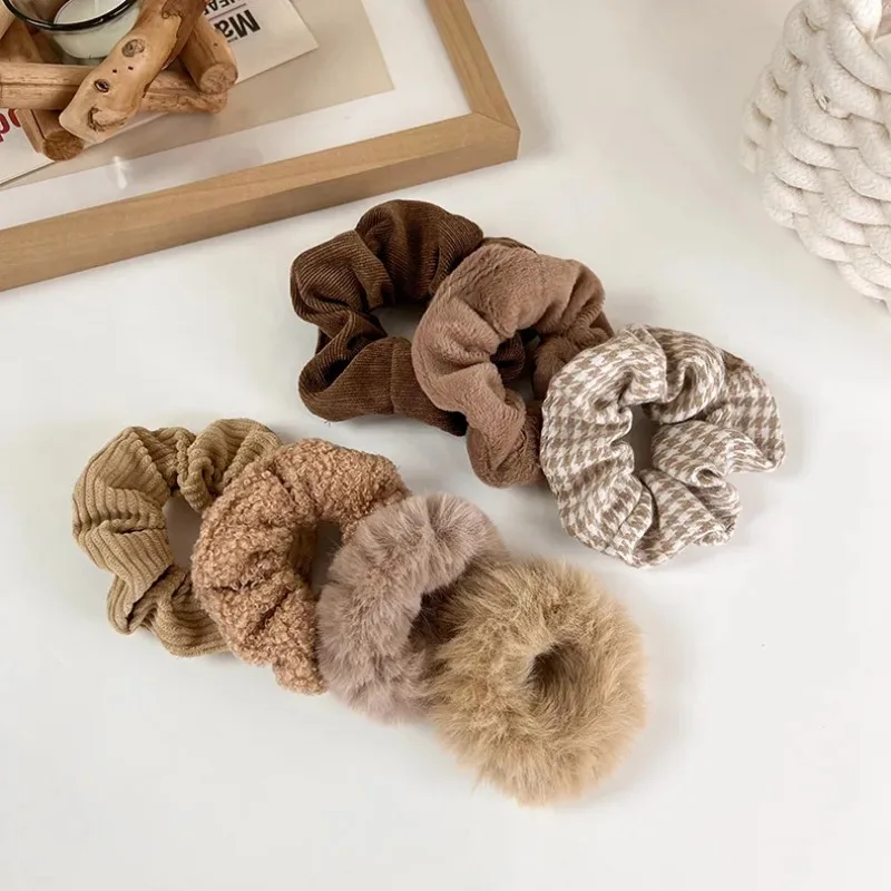 Coffee Color Winter Soft Plush Hairbands Women Girls Sweet Cute Elastic Rubber Bands Korean Fashion Hair Styling Accessories New