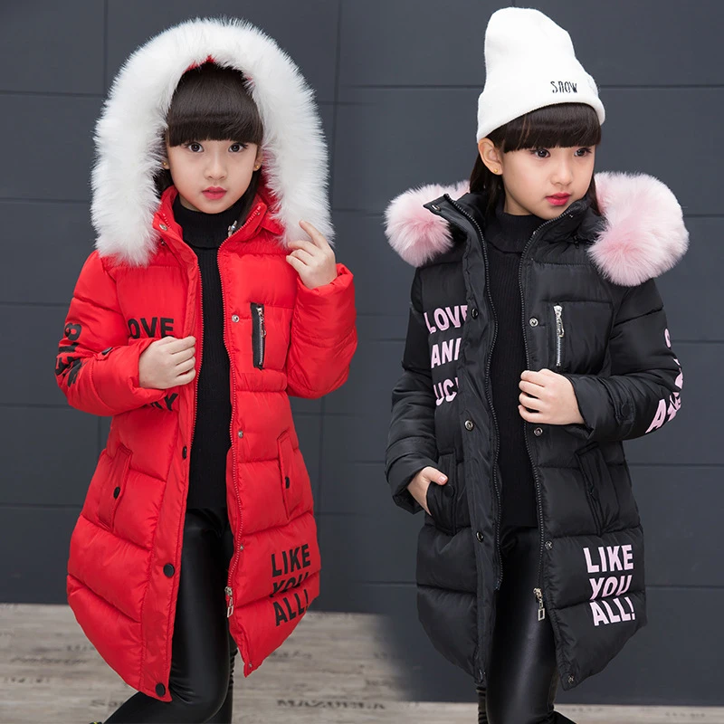 DIMUSI Winter Children Padded Coats Girls Mid-Long Cotton Warm Jacket Fashion Kids Fur Collar Thermal Down Coats Clothing 14Y