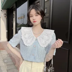 French Style Lace Hollow Out Floral Shirt Women Peter Pan Collar Short Sleeve Top Sweet Chic All-match Blouse 2022 Summer New