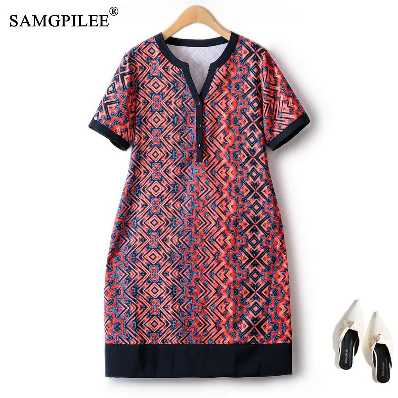 

Casual Dresses For Women 2023 Summer European Geometric Print V Neck Mosaic Chiffon Banquet Short Sleeve Loose Female Dress 4XL