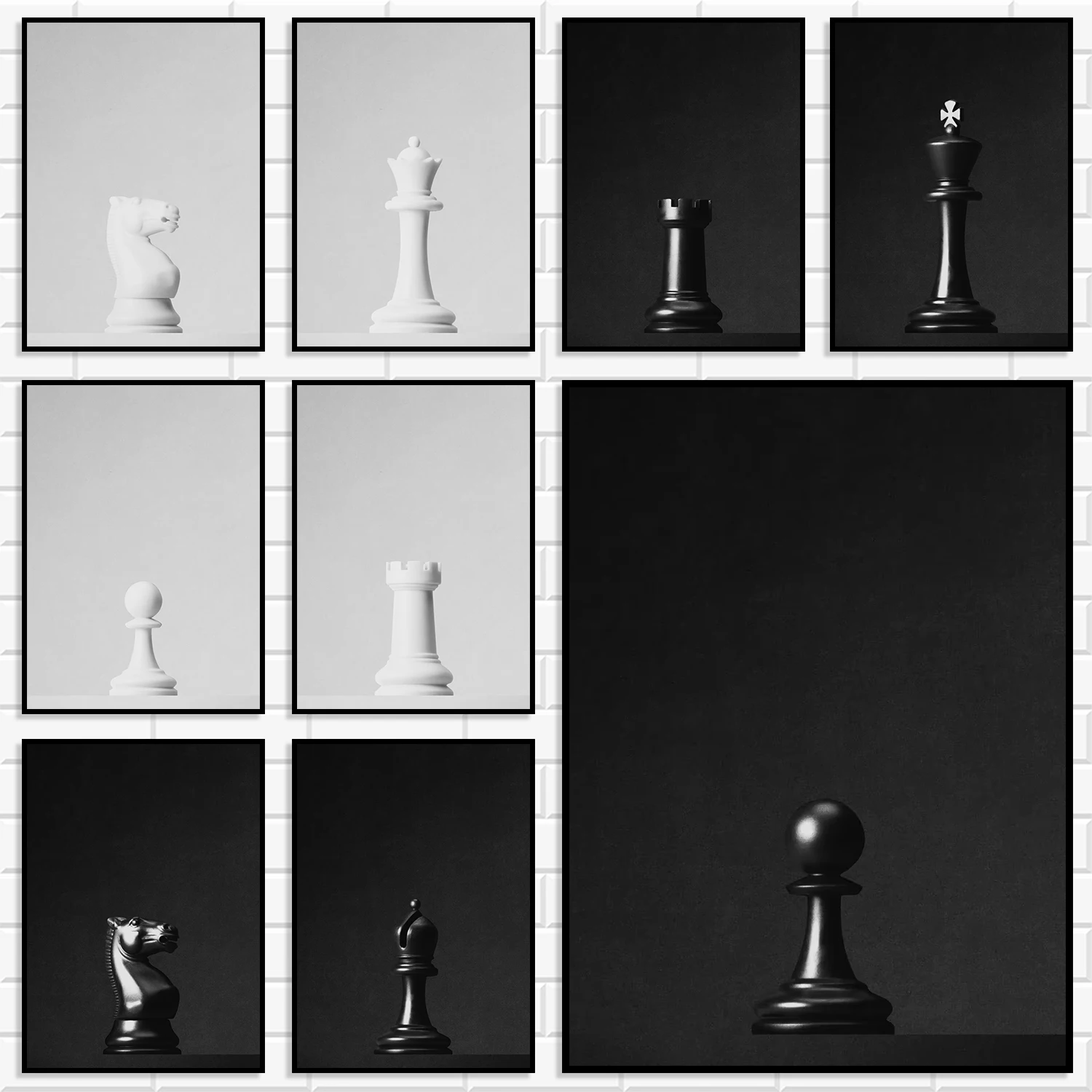 Minimalist Chess Wall Art Poster, Black White International Chess Piece Canvas Print, Modern Monochrome Picture for Home Decor