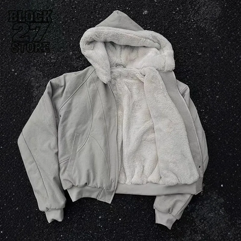 

Harajuku Cleanfit Heavyweight Canvas Jacket Men Autumn Winter Thick Fleece Hooded Cotton Coat Warm Padded Streetwear Outerwear