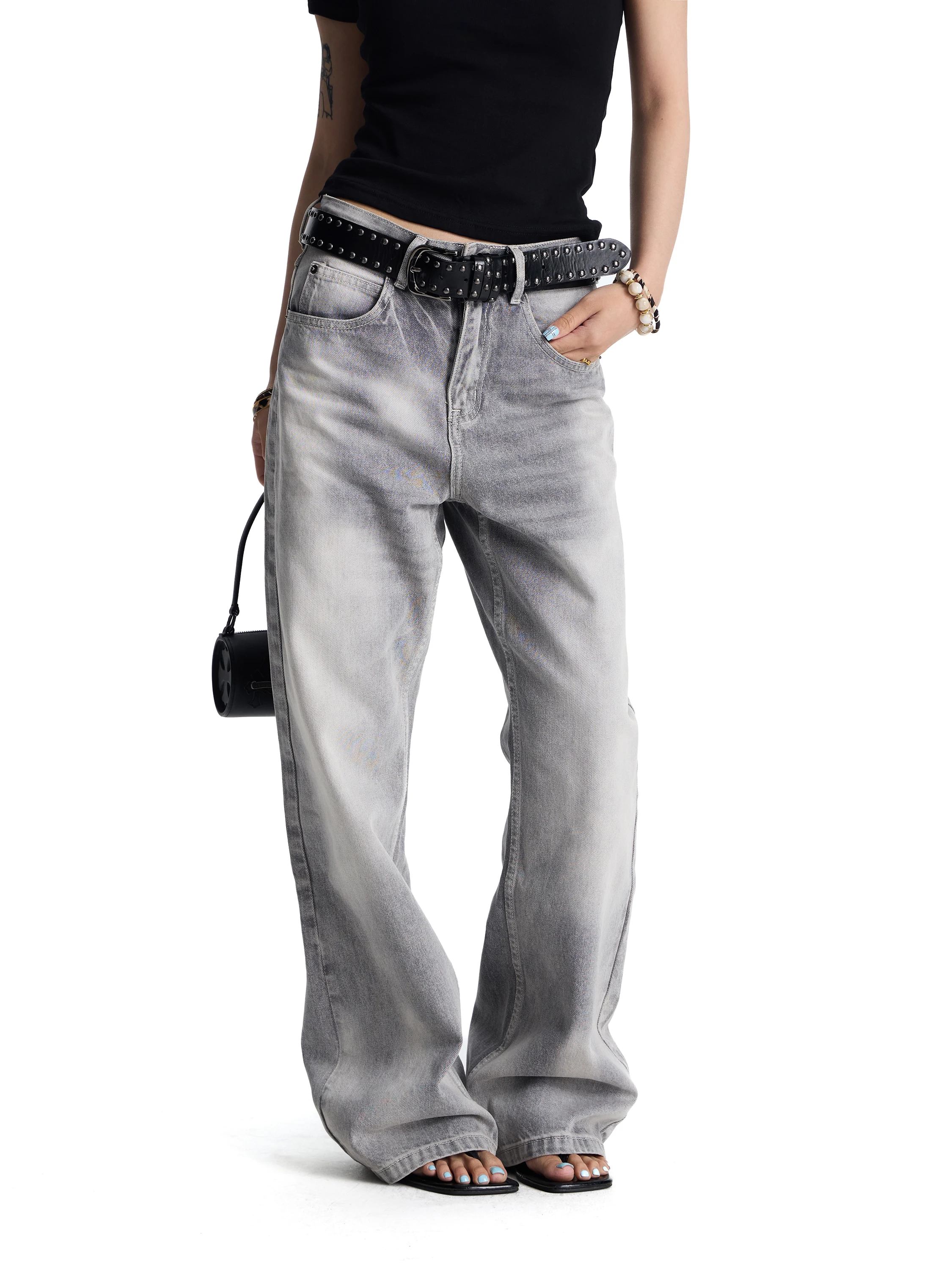 Antsstna Vintage American Washed Low Waist Draped Grey Tone Versatile Loose Long Jeans Straight Leg Cotton Zipper Casual