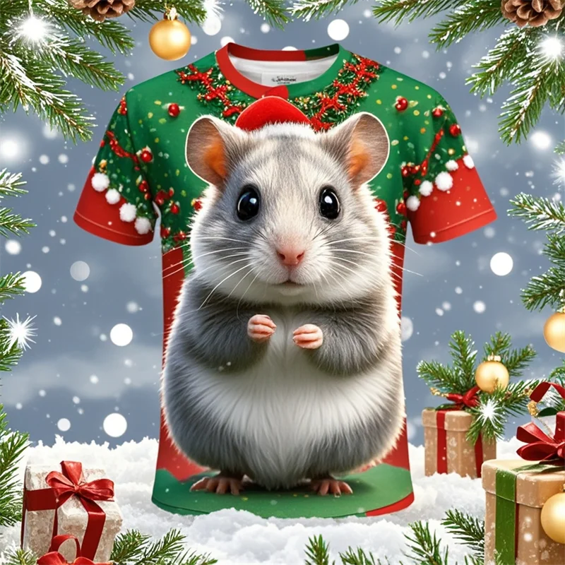 New Cute Animal 3D Hamsters Printing T Shirt Merry Christmas Circetidae Graphic Tee Shirts Kid Funny Short Sleeves Mens Clothing