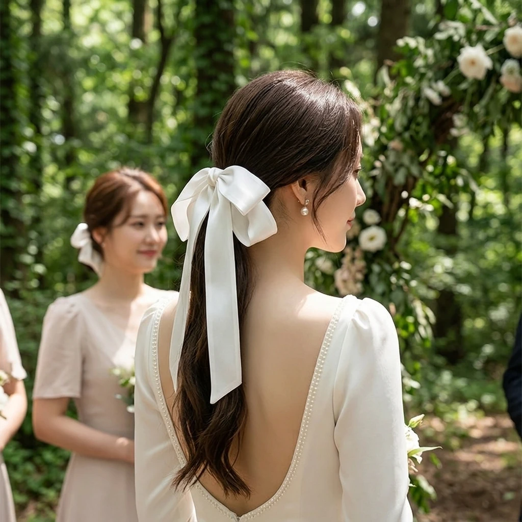 Elegant Hair Clip Double Layer Bows Long Tassel for Bridal Wedding Ceremony Satin Forest Style Headwear Graceful Accessory