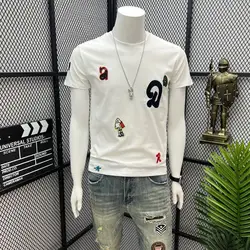 Summer New Men's Crew Neck Solid Color Embroidery Letter Pullovers Casual Trendy Loose All-match Short Sleeve T-shirt Tops