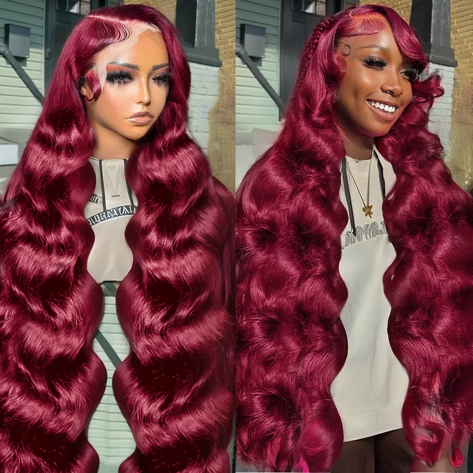 30 32 Inch 99J Burgundy 13x6 Lace Frontal Wigs Red Colored Body Wave 13x4 HD Transparent Lace Front Human Hair Wig For Women