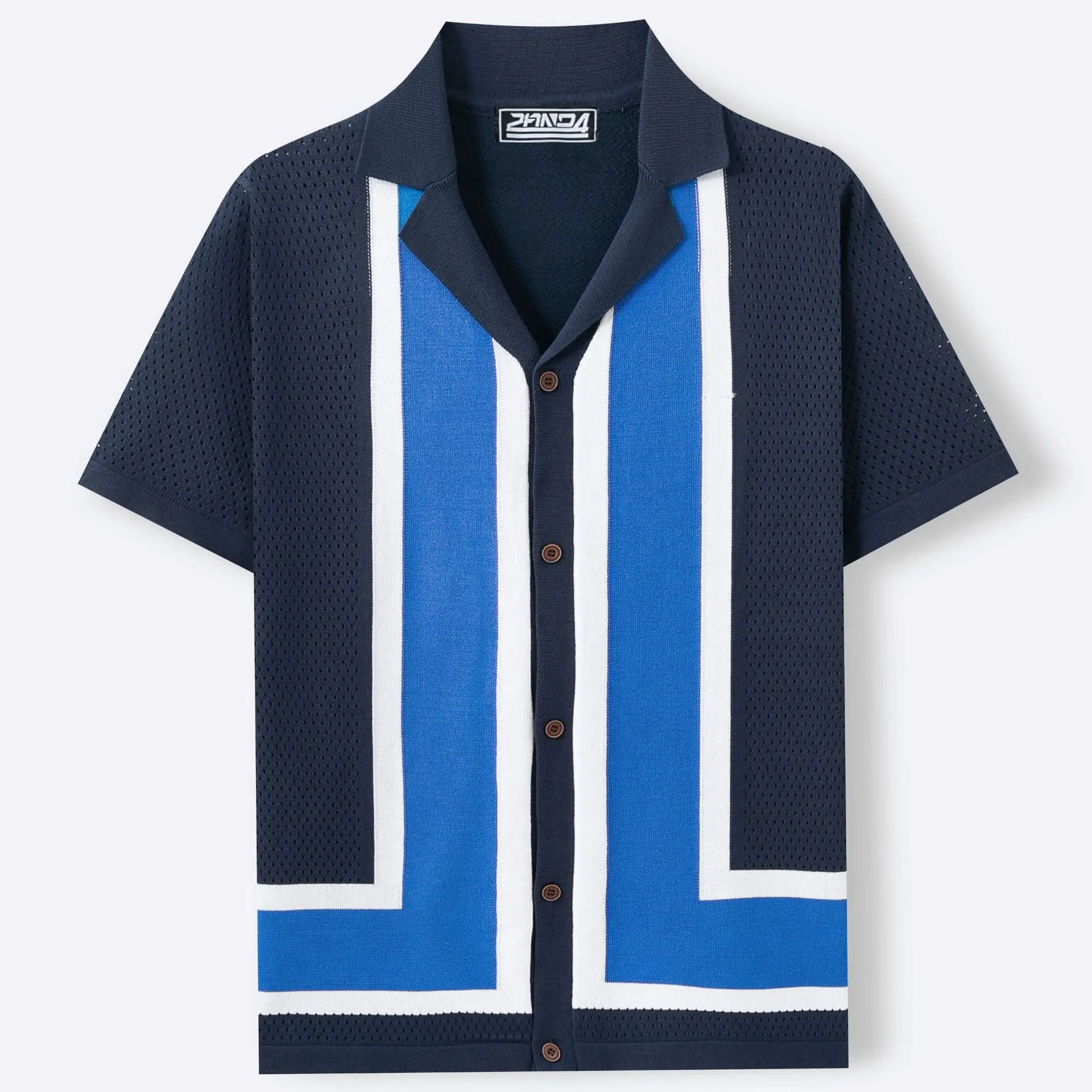 Summer Men's Contrasting Stripes Hollow Knitted Sweater Cuban Neck Short Sleeve Cardigan POLO Shirt Men's Clothing