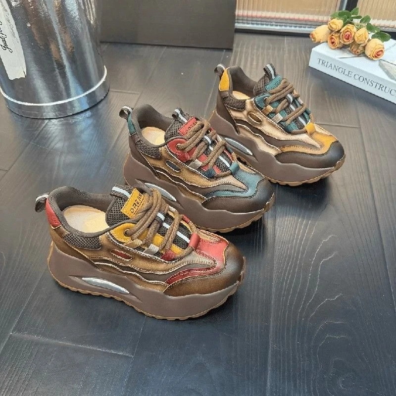 2025 Autumn Winter Thick Sole Dad Sneakers Height Increasing Retro Warm Sports Color Blocking Casual Women's Shoes