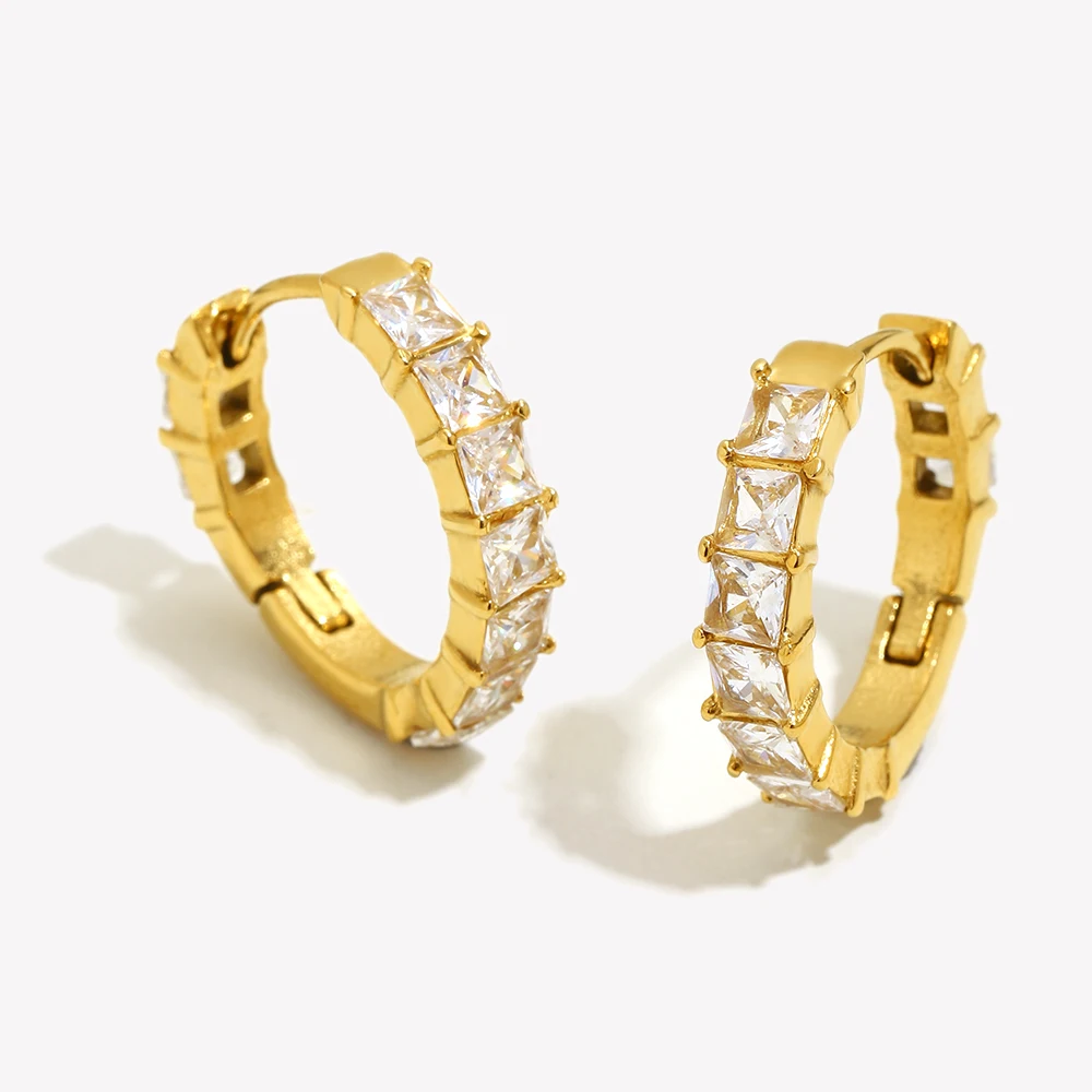 E.B.belle Gold Color Square Shape Rhinestone Round Earring Minimalist Stainless Steel Decoration Jewelry For Women Girls Gifts