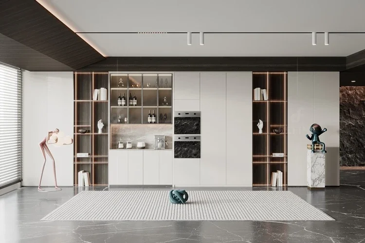 

Индивидуальный сервис, современный стеклянный кухонный шкаф для гостиной с подсветкой