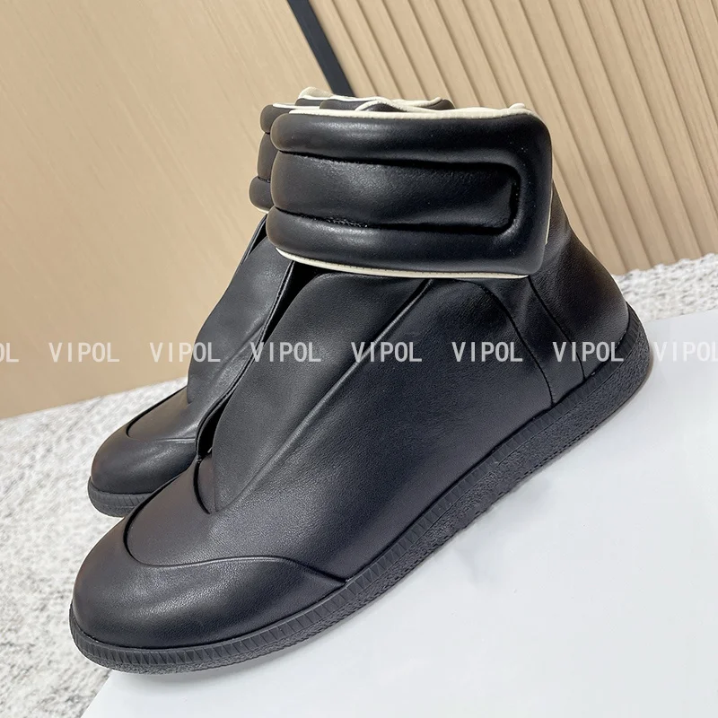 Unisex Genuine Leather High Top Ankle Boots Futuristic Padded Wide Strap Cuff Slip On Streetwear Fashion Sneakers  Casual Shoes view 3