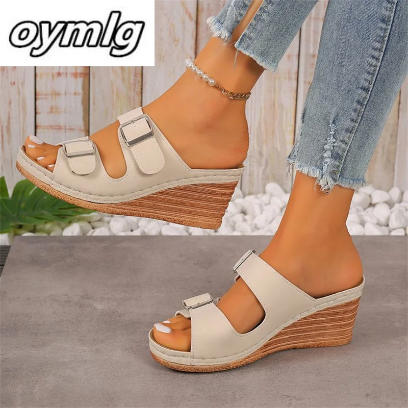 2024 Summer New Women's Slope Heel Belt Buckle Beach Sandals and Slippers