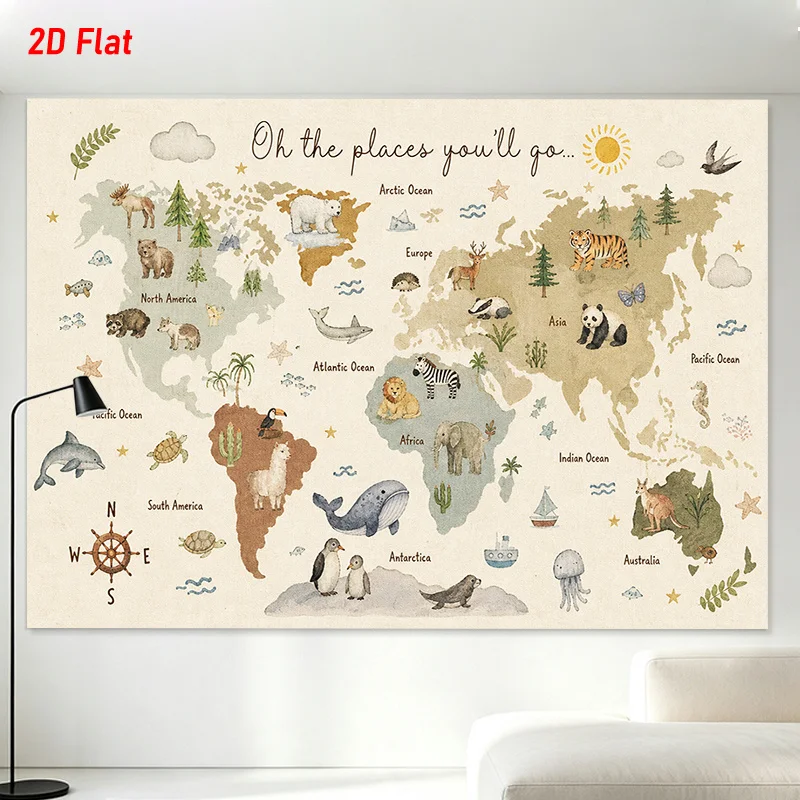 Decorative Boho World Map Tapestry for Nursery Kids Room Aesthetic Travel Geography Wall Hanging Art Print Poster