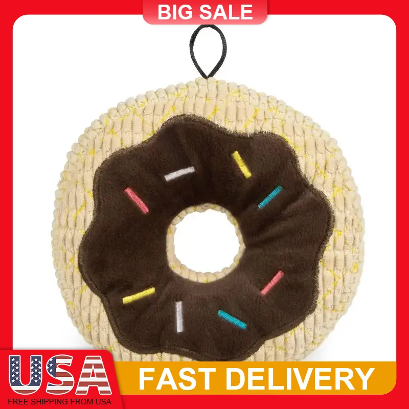 

Chocolate Donut Dog Toy Plush Squeaky Chew Resistant Durable Rope Tug Fetch Play Soft Cuddle Puppy Pet Fun Interactive