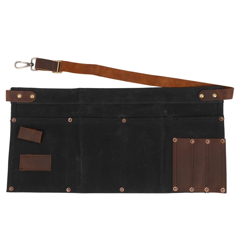 مريلة متعددة الجيوب للنساء من الجلد الطبيعي مصنوعة من القماش بنصف مريلة وجيب للنادلة وخادم مستحضرات التجميل باللون الأسود