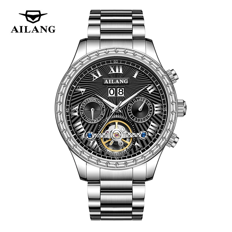 

AILANG брендовые роскошные механические часы с турбийоном, мужские водонепроницаемые светящиеся часы из нержавеющей стали, автоматические часы с датой недели, мужские