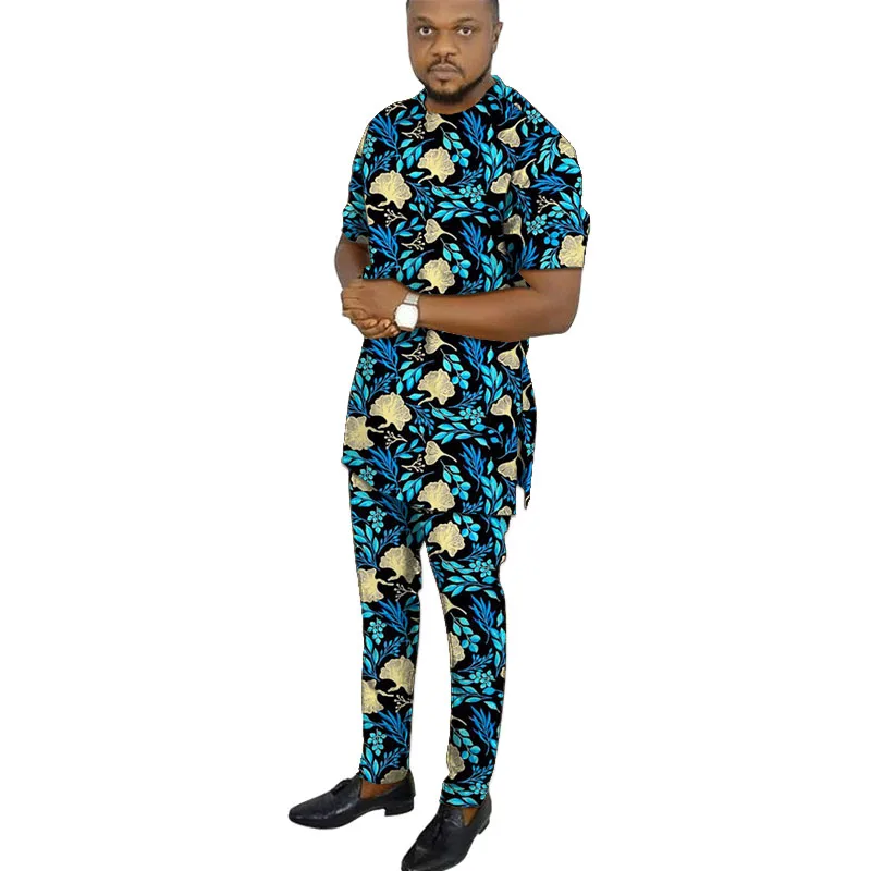 

African clothing men's print short sleeve shirt with trouser Ankara fashion pant sets customize wedding male formal outfits