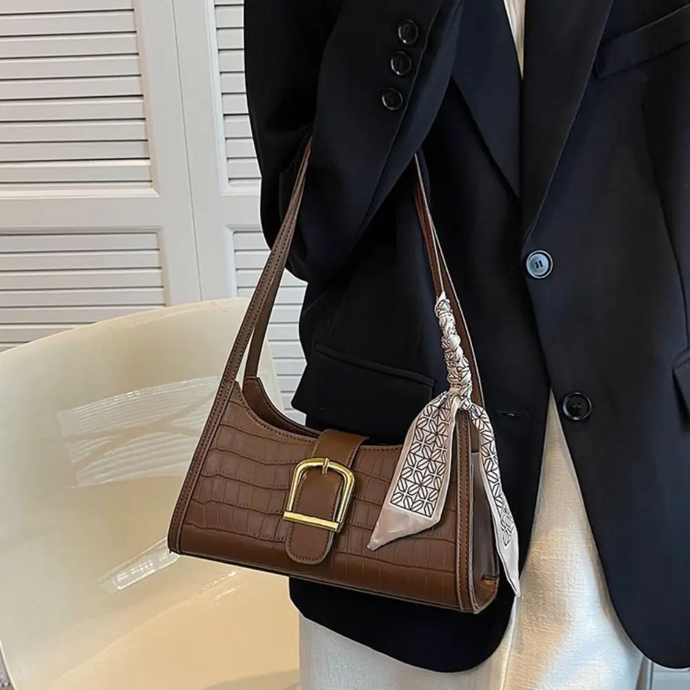 

Leisure Vintage French Stick Bag with Scarf Handbag Underarm Bag French Style Large Capacity PU Leather Shoulder Bag Streetwear