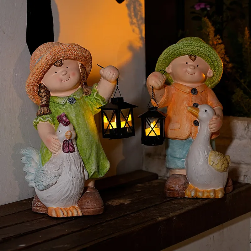 Creative Cartoon Boy Girl Lantern Statue Outdoor Garden Sculpture Yard Whimsical Figurine Landscape Cute Ornament for Courtyard