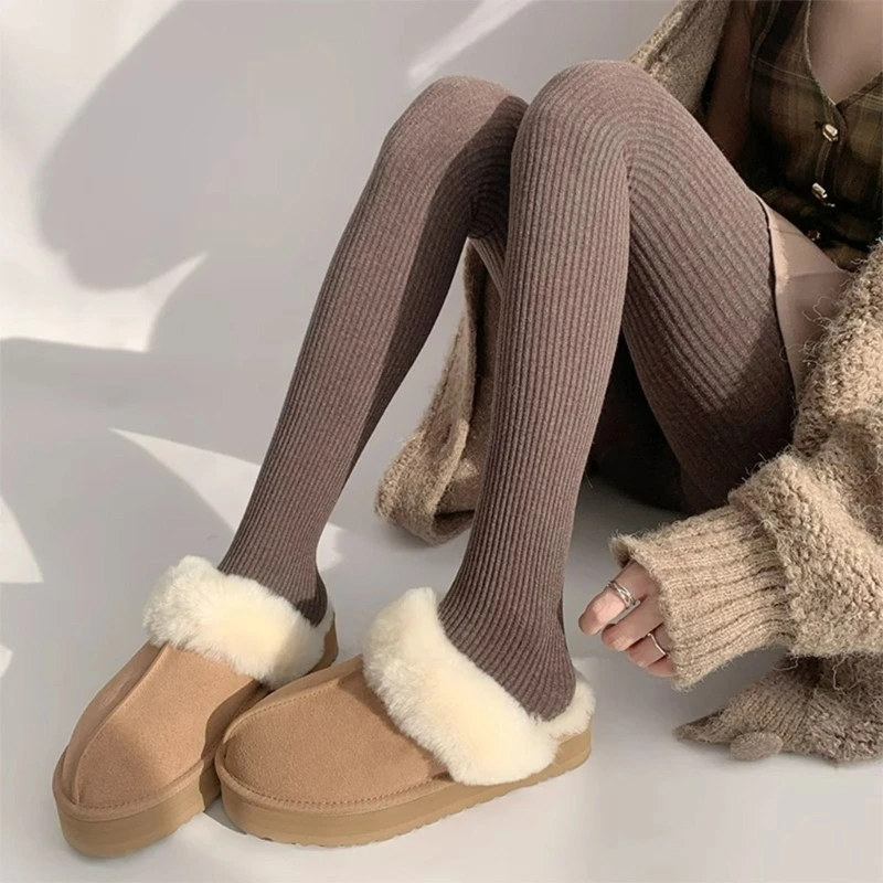 Women Winter Autumn Solid Color Vertical Striped Pantyhose Stockings Thicken Ribbed Knit Sweater Tights Leggings Hosiery