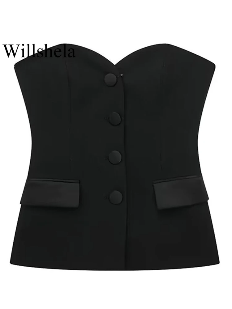 Willshela Women Fashion With Pockets Solid Bustier Single Breasted Corset Tops Vintage Strapless Sleeveless Female Chic Lady Top