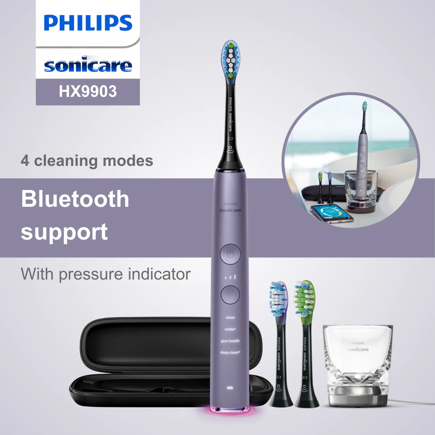 

Электрическая зубная щетка Philips Sonicare серии 9300 HX9903, подключение Bluetooth, 4 режима с подсветкой давления