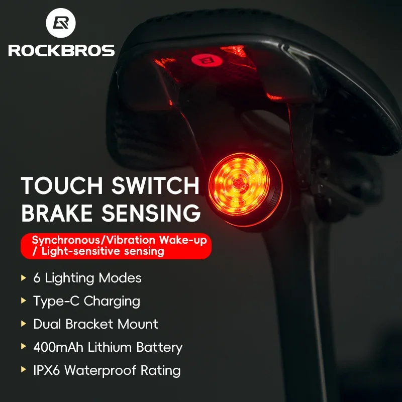 ROCKBROS Bicycle Tail Light IPX6 Waterproof Smart Brake Sensor Rear Light Synchronization 6 Lighting Modes Road Bike Accessories