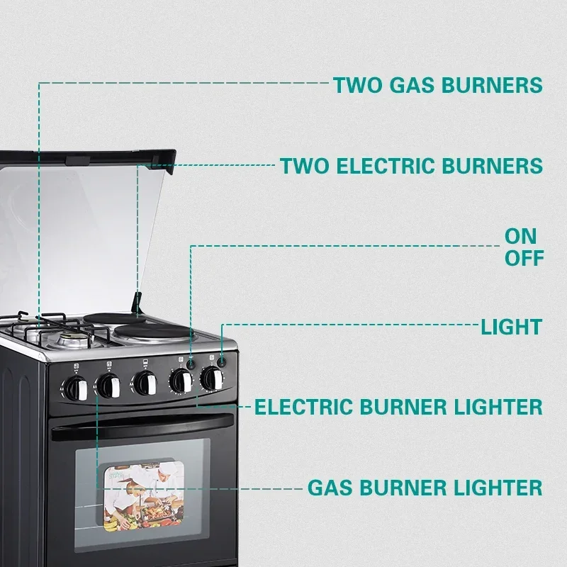 Winnende Ster Zwart Grote Staande Elektrische Bakoven WST-K50-L01W Turkije 2 Gasbrander Fornuis