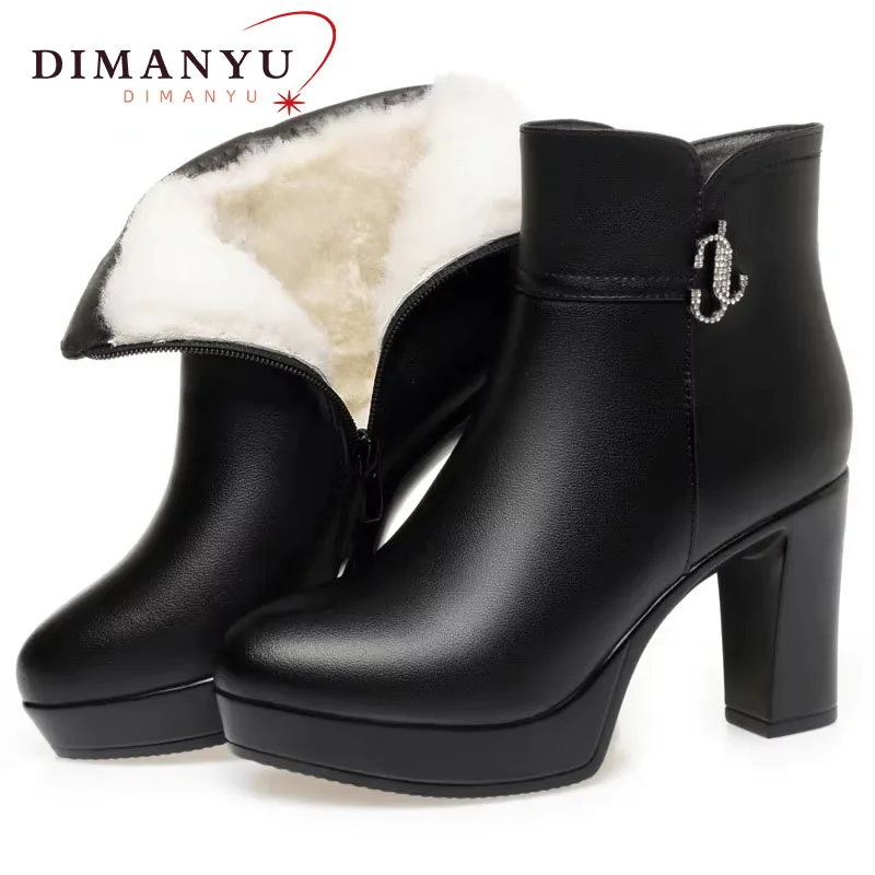 

DIMANYU High-heeled Boots Women's Fashion 2024 New Genuine Leather Female Ankle Boots Wool Warm Zipper Motorcycle Boots Women