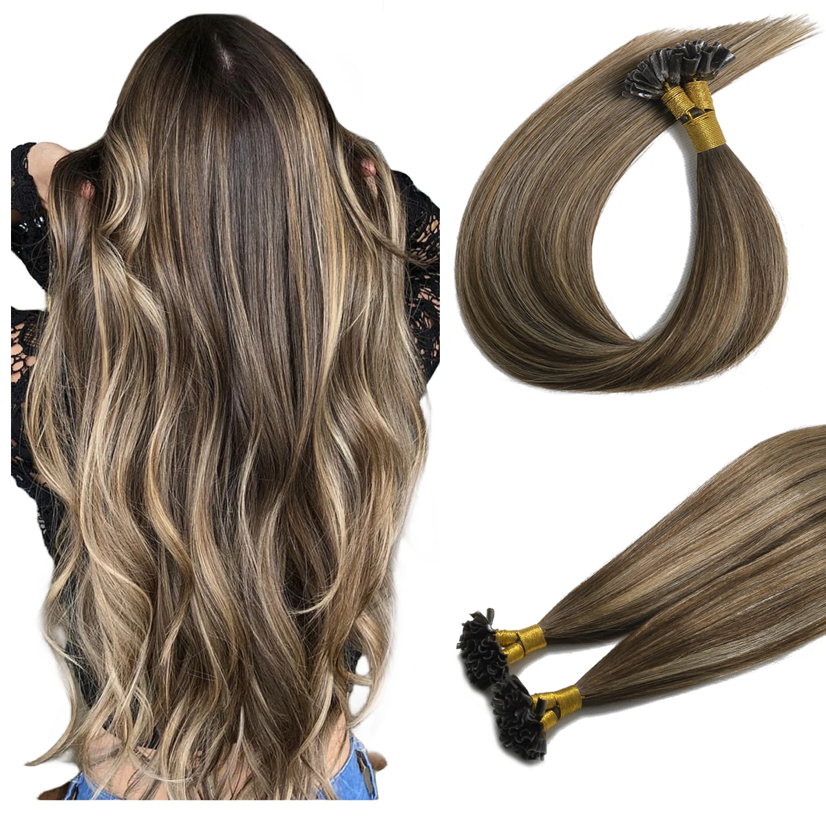 وصلات شعر بشرية من طرف XDhair-U ، شعر Balayage ، شوكولاتة بنية إلى شقراء كراميل ، 50 خيوط ، 40 جم ، 50 جم