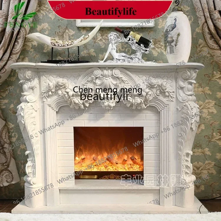 D178 Marble white marble fireplace European carved fireplace TV background wall decorative cabinet