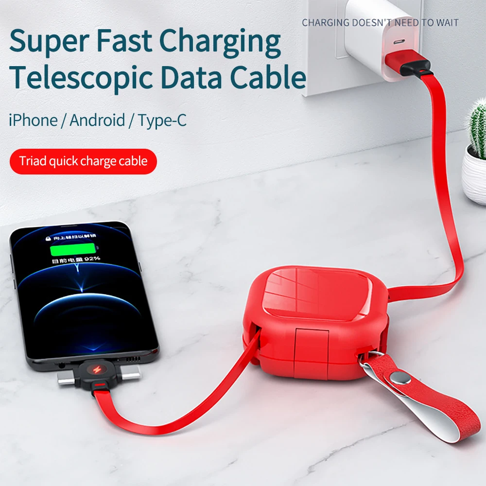 3 in 1 Retractable USB Type C Micro USB Charging Cable with Mobile Phone Holder Portable Charger Data Cable for iPhone 13 12 Pro