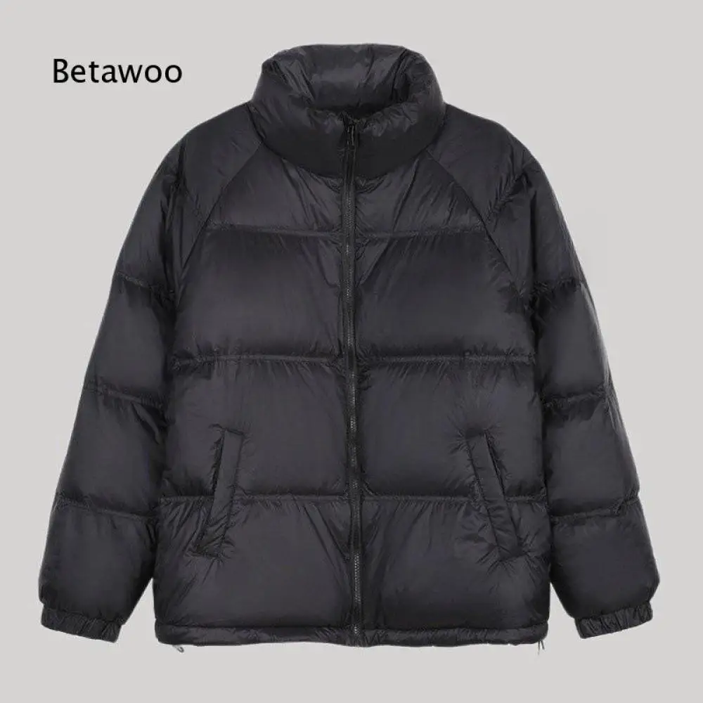Mens Solid Color Stand Collar Down Coat Raglan Cut Full Zipper Front Elastic Cuffs Side Pockets Loose Fit Winter Warm Outerwear
