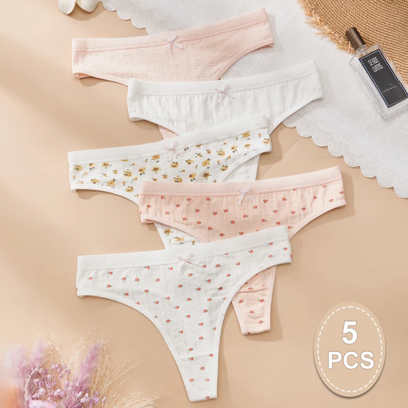 Mutandine perizoma in cotone da donna sexy 5 pezzi Vita bassa Biancheria intima morbida e confortevole Mutandine da donna traspiranti Bowknot per l'uso quotidiano