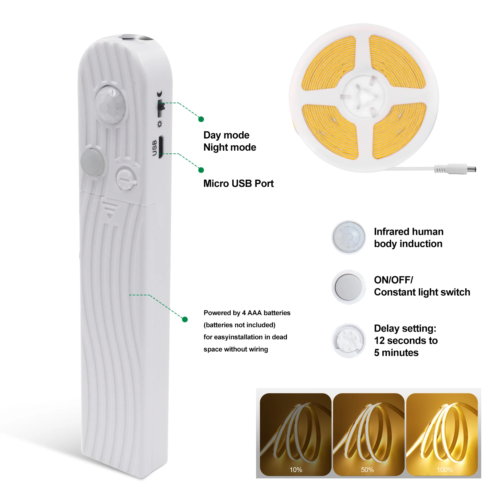 5V USB COB LED Strip Light with Human Sensor Battery Box 3mm 5mm 8mm Flexible COB Lights 320LEDs High Density Linear Lighting