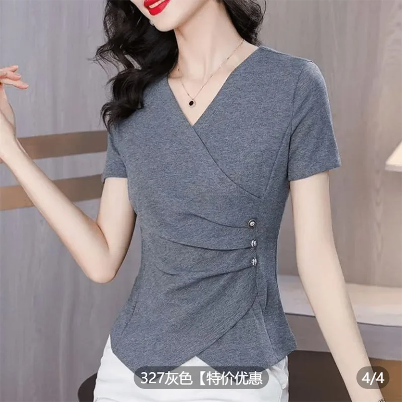 Summer Fashion Women's Asymmetrical Short Sleeve T-Shirt Slim Fit Base Layer Trendy Ladies Top Small Shirt