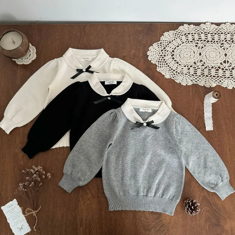 New Kids Baby Girl Autumn Winter Clothes Kawaii Collar Princess Knitted Sweater Cute Bow Cotton Jacquard Base Layer Top Cotton