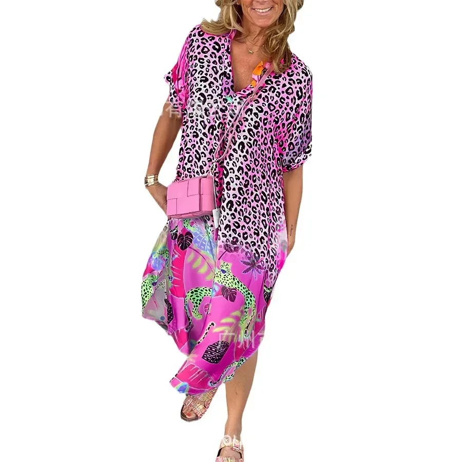 Leopard Women\'s Clothing Printed Loose Dress Short Sleeve High Waist Loose Maxi Dress