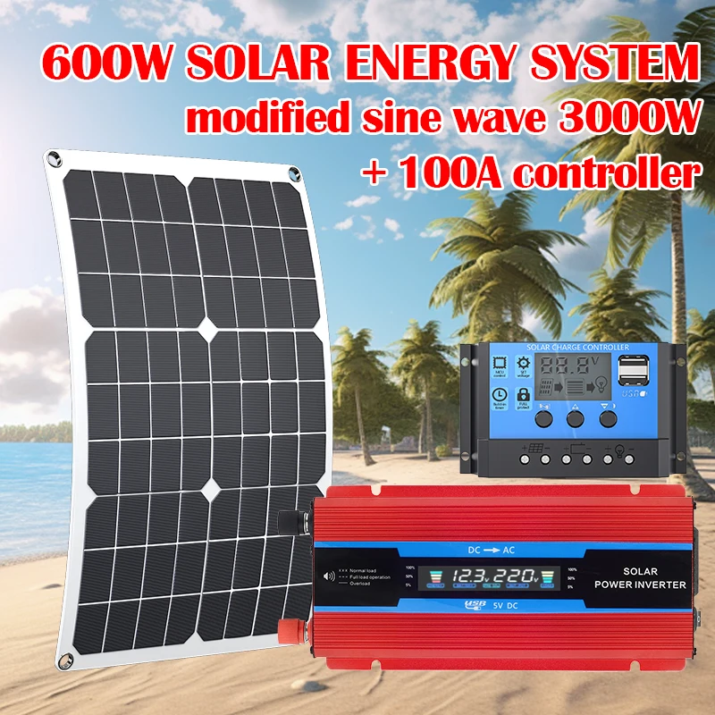 600W Solar System with 3000W Inverter – Flexible Panel, 12V to 110V/220V Off-Grid Power for RV, Camping, and Remote Cabins