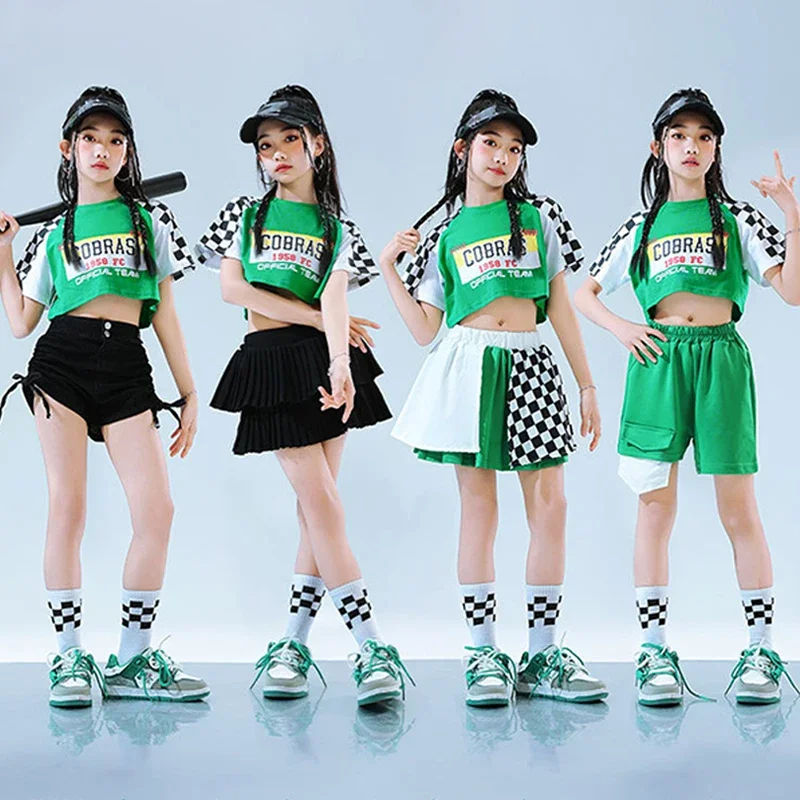 

Children Street Dance Outfit Green White Jazz Performance Wear Girl Kpop Dance Skirt Tops Shorts Runway Fashion Clothing
