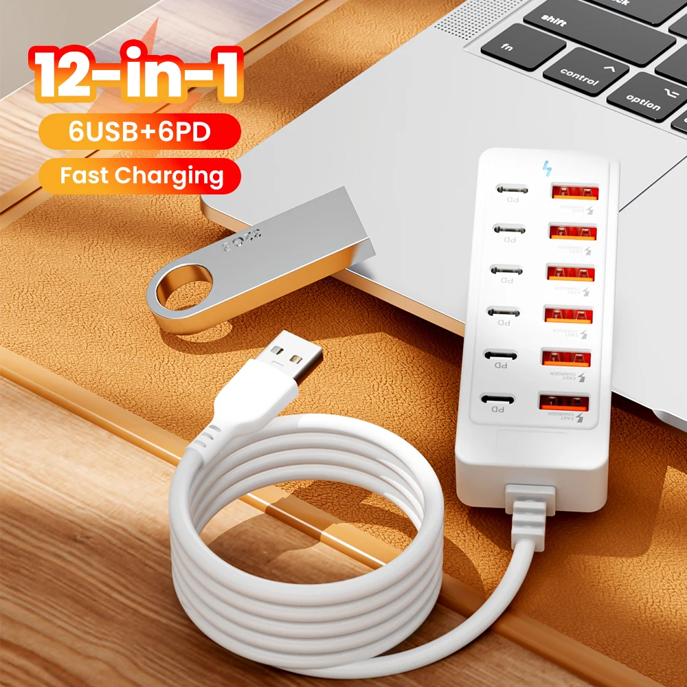 شاحن USB سريع 12 في 1 قطاع الطاقة محطة شحن سطح المكتب شحن سريع 1 متر سلك USB HUB مأخذ توصيل محول للمكتب المنزلي