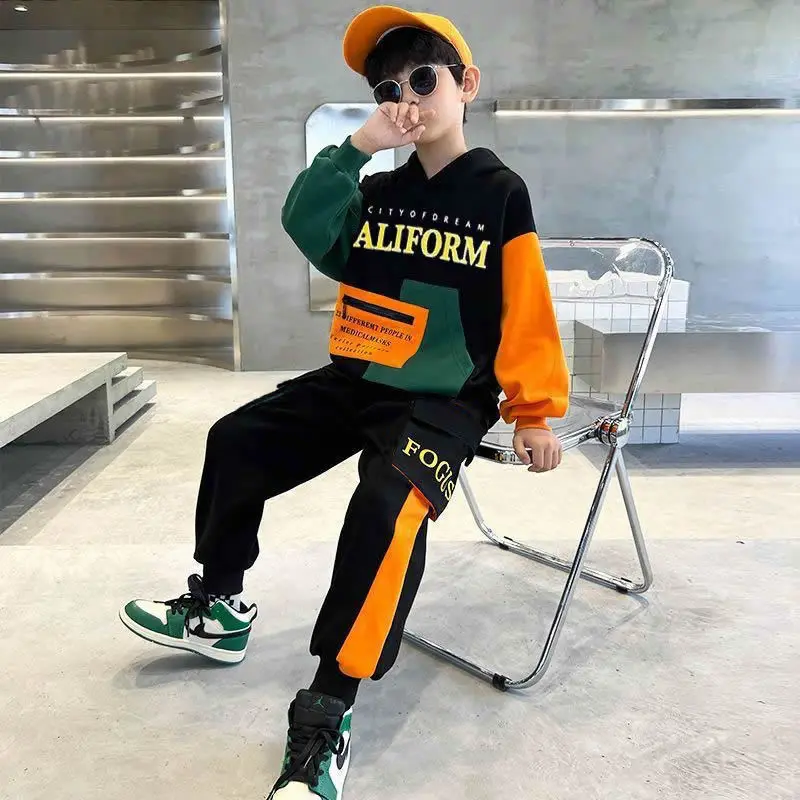 2024 autumn winter Boys Tracksuit Children patchwork letter sweatshirts hooded + ankle tied Pants Suit Clothes Set 8 10 12 Year