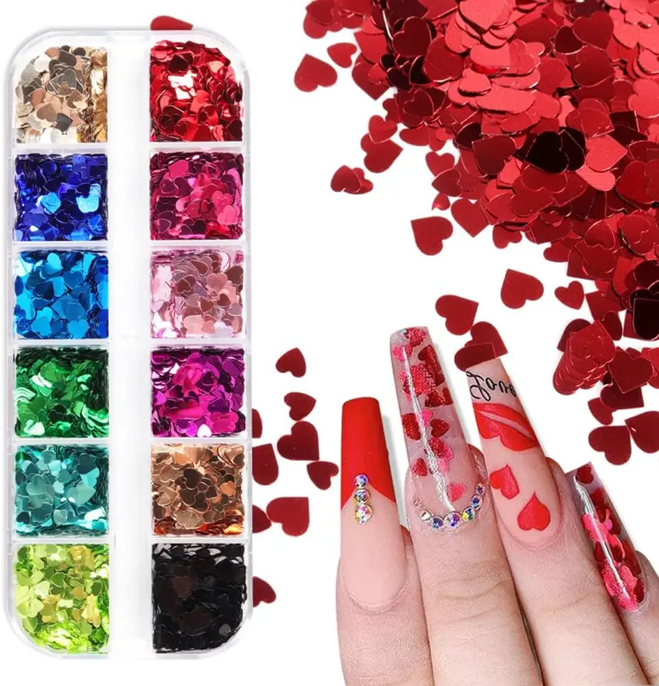 

12-Color Laser Heart Nail Glitter, Valentine's Day Sparkling Nail Art Mix-Size Flakes, DIY Nail Decoration Craft Supplies